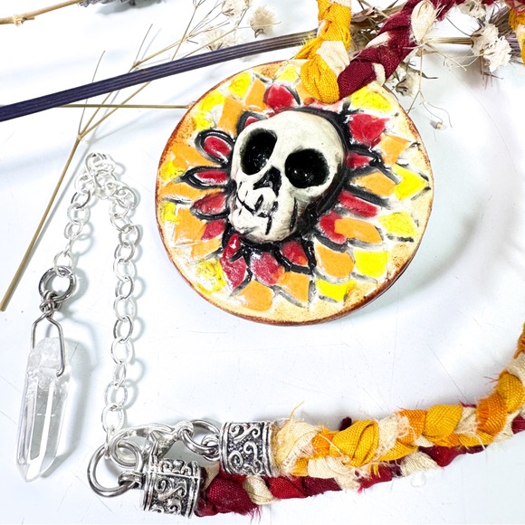 Sculpted Ceramic Skull Necklace with Recycled Silk and Crystal Adjustable Length - Picture 2 of 11